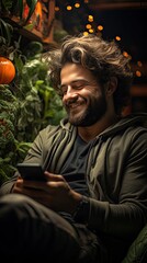 Cheerful curly young indian man chatting with girlfriend while relaxing in armchair at home, using modern mobile phone, checking social media, using mobile app. Generative AI art