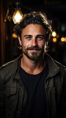 Fototapeta premium Casually handsome. Confident young handsome man in jeans shirt keeping arms crossed and smiling while standing against background. Man portrait illustration. Generative AI