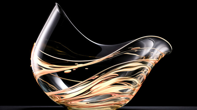 A shiny gold and black coup glass rests on an abstract background. The image exudes sophistication and elegance.
