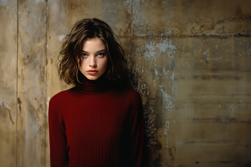 jeune modèle brune portant un pullover rouge sur fond d'un mur usé avec espace pour texte - obrazy, fototapety, plakaty