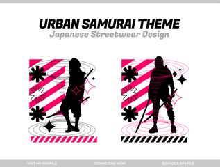 urban samurai. Samurai vector silhouette for design t-shirt concept. Japanese streetwear t-shirt design. silhouette for Japanese theme. samurai streetwear t-shirt. cyberpunk theme samurai.