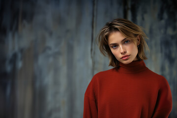 jeune modèle brune portant un pullover rouge sur fond bleu grunge avec espace pour texte - obrazy, fototapety, plakaty