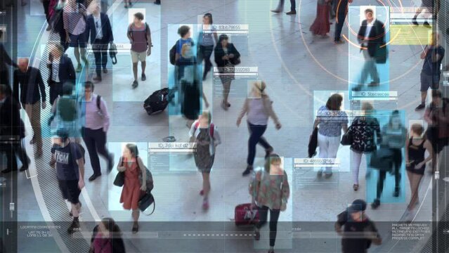Security Camera Surveillance Footage Anonymous Crowd of People in Airport or Train Station. Computer Vision with Facial Recognition Scanner Looking for Suspect. Big Data, Artificial Intelligence.