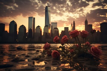 New York City Ground Zero black and white view with red rose, United states of America