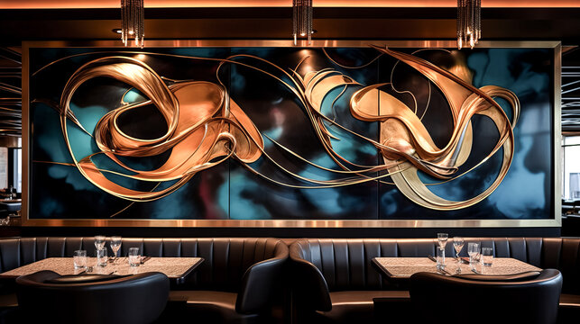 A person admires unique artwork displayed at a restaurant bar.