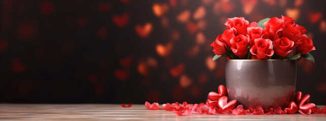 Bouquet of roses and hearts on a dark background with copy space. Valentine's day romantic banner.