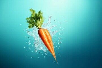 Ripe carrots flying in the air with splashes of water on blue background with copy space - obrazy, fototapety, plakaty