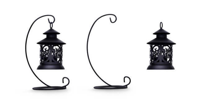 A traditional festive Christmas lantern made from black wrought iron metal, Christmas candle holder, isolated against a transparent background.