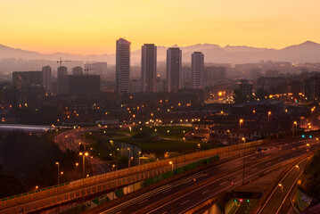 Fototapeta na wymiar View of Bilbao and the highway in the first lights in the morning