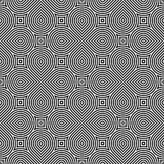 Repeating rounded and squared shapes abstract. Circles and squares surface pattern design. Black figures on white background. Seamless symmetric geometric motif. Digital paper for web design. Vector