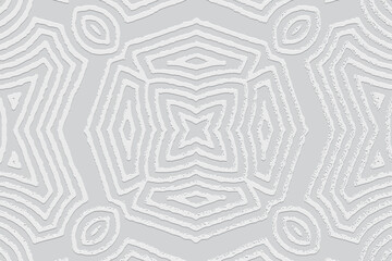 Embossed white background, cover design. Boho style, handmade. Geometric ethnic unique 3D pattern, doodling, zentangle. Press paper, leather. Ornaments of the East, Asia, India, Mexico, Aztec, Peru.