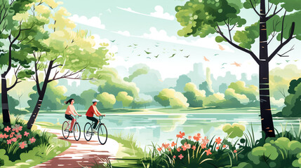 An elderly couple enjoy a leisurely bike ride together, surrounded by lush greenery and beautiful scenery.