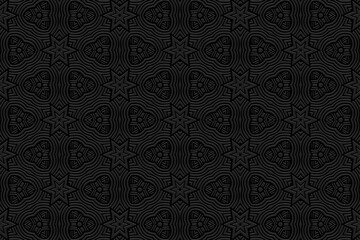 Embossed black background, cover design. Boho style, handmade. Geometric ethnic trendy 3D pattern, doodling, zentangle. Press paper, leather. Ornaments of the East, Asia, India, Mexico, Aztec, Peru.
