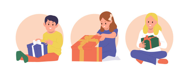 Isolated set of round icon composition with happy children character holding or opening gift box