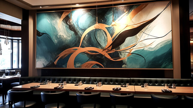 A person admires the art displayed at a restaurant bar. The colorful and eclectic pieces add character to the space.