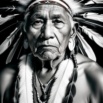 Black and white portrait of an elderly native American man.  Generative AI