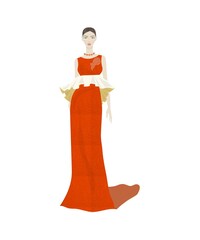 Evening Dress, Black, Blue, Red lace ruffle silk design. Fashion Illustration beautiful model walking pose. Elegance look on red carpet.