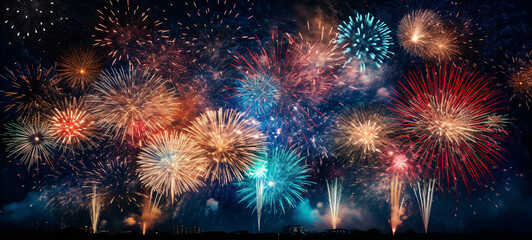 bright multi-colored salute fireworks on a background of festive art 