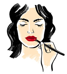 Woman model face makeup drawing with cosmetic brush
