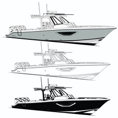 Vector Line Art Illustration of a Fishing Boat and one color
