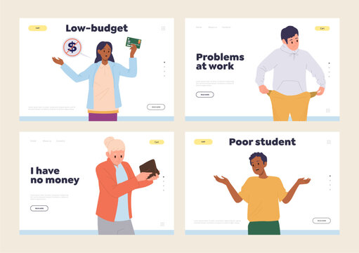 Isolated set of landing page design template with unhappy moneyless poor people cartoon character