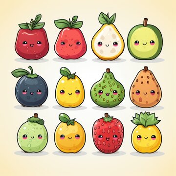Cute cartoon fruits set. Kawaii characters emoji fruit, apple, peach, orange, pear and lemon, 3d style. Funny emoticon food illustration for phone case, kids, package, sticker, patch and other design