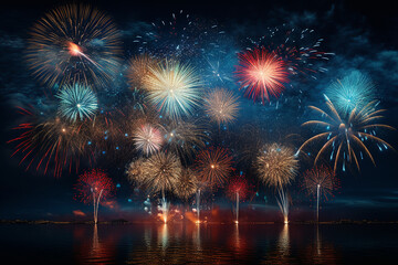 bright multi-colored salute fireworks on a background of festive art 