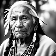 Black and white portrait of an elderly native American man.  Generative AI