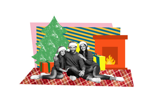 Creative collage picture of black white colors peaceful funny people cuddle painted christmas tree giftbox house fireplace