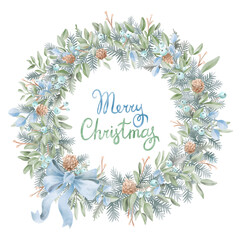 Fototapeta na wymiar Hand drawn watercolor christmas wreath with spruce branches, cones, berries, blue bow and lettering