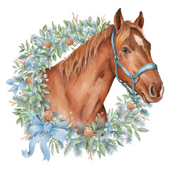 Hand drawn watercolor red horse head in a halter with colorful christmas wreath and a light blue bow © H_Anna