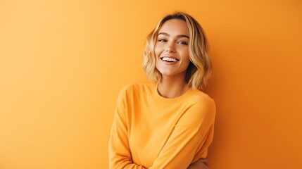 Obraz premium Confident and happy smiling woman on orange background and pointing in various directions