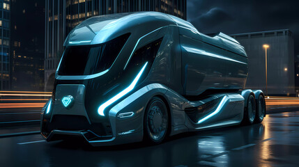 Futuristic Electric Truck Concept Illustration on Highway. Blurred background.