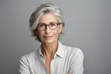 Fototapeta premium Beautiful young woman with curly hair in a white shirt and glasses.