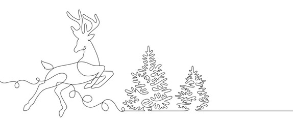 Deer and pine tree line art style vector illustration. Christmas theme element design