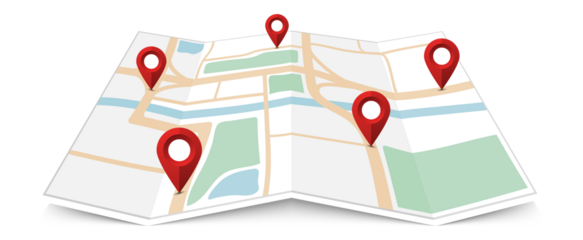 Folded paper city map with red pin pointer