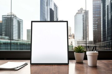 corporate branding white blank frame mockup with modern business offices background
