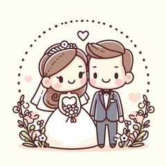 Cute cartoon wedding picture. Bride and groom in love, the vector