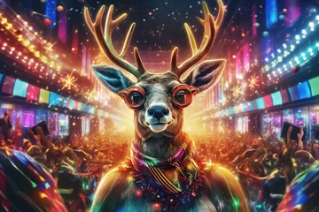 Plexiglas foto achterwand Christmas party invitations with hipster deer portrait © Alexandra