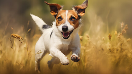 Jack russell terrier dog running and jumping in the field
