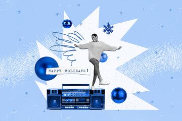 Creative drawing collage picture of funny female tape recorder dance christmas new year greeting...