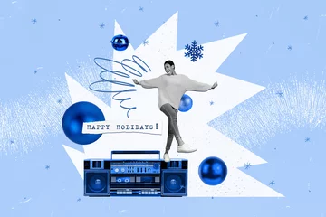 Abwaschbare Fototapete Musikladen Creative drawing collage picture of funny female tape recorder dance christmas new year greeting card template holiday x-mas congratulation