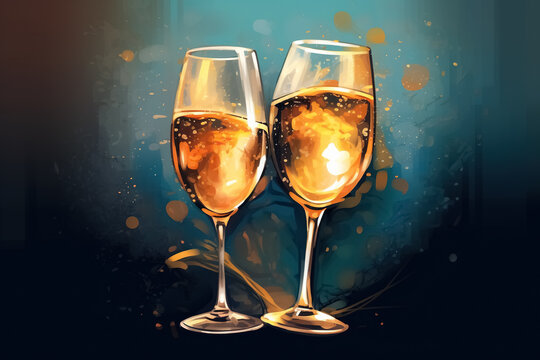 Glasses of champagne, celebration postcard. Generative Ai