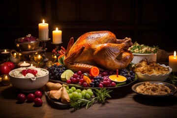 A festive holiday table spread featuring a succulent roast turkey, cranberry sauce, roasted vegetables, and a selection of mouthwatering desserts, under candlelight.