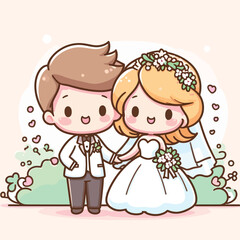 Cute cartoon wedding picture. Bride and groom in love, the vector