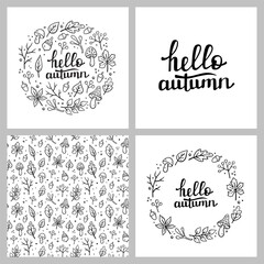 Autumn seamless pattern, HELLO AUTUMN handwritten lettering, round frame. Autumn decorative round design with Autumn elements. Vector illustration in Doodle style. Fall designs.