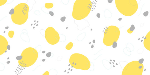 黄色、水色、グレーの抽象的パターン　ポップな雨模様　丸い小石　楕円