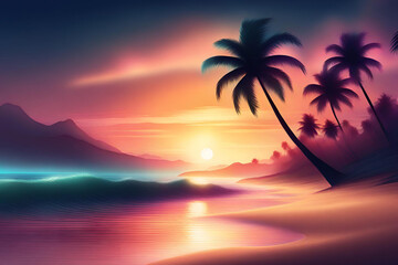Fototapeta na wymiar Beautiful sunset with palm trees on the beach. Generative AI