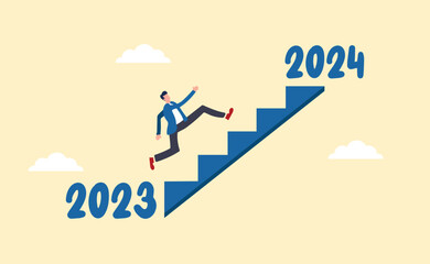 Concept of review or analysis of 2023 towards 2024. Economic forecast or future vision, business opportunities or future challenges, confident businessman with climbing the ladder in 2024.