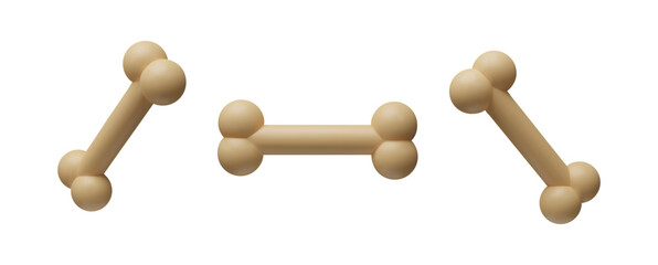 Set of 3D render bone. Realistic anatomy concept shape. Plasticine food for pet, dog, puppy. Vector collection illustration about healthy biscuit. Cartoon modern plastic feed. Clay object for animals
